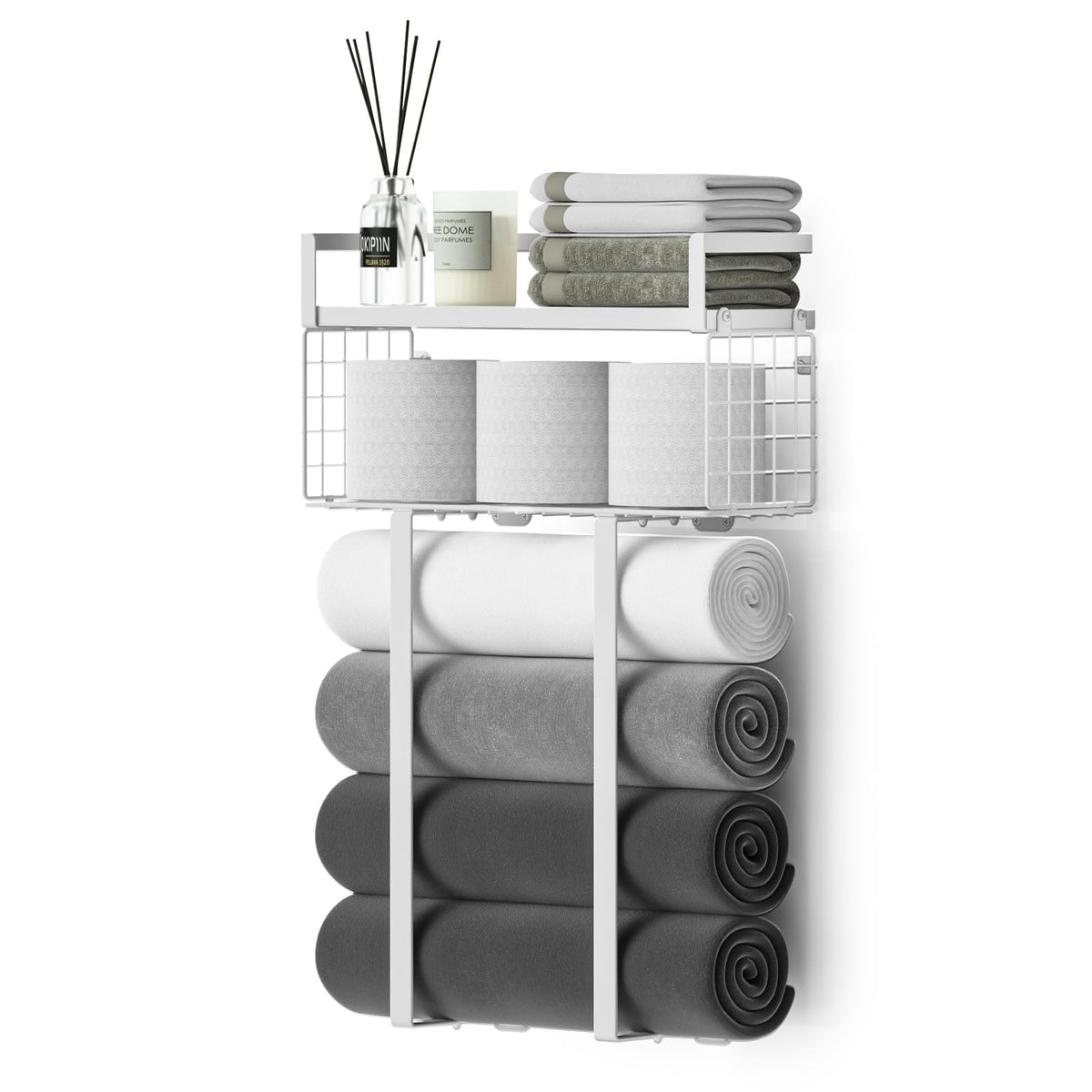 Xstydes Towel Racks for Bathroom, Metal Towel Holder with Storage Basket,Wall Towel Rack for Rolled Towels, Towel Storage for Small Bathroom.