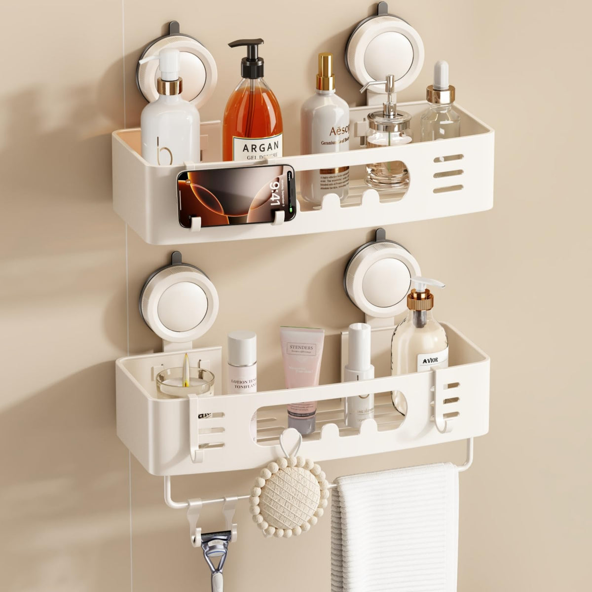 Voldra Corner Shower Caddy Suction Cup, Aluminum Corner Shower Shelves for Wall No Drilling, Large Suction Cup Shower Organizer with Towel Bar & Hooks Removable Bathroom Storage Rack(2 Pack-Gray)