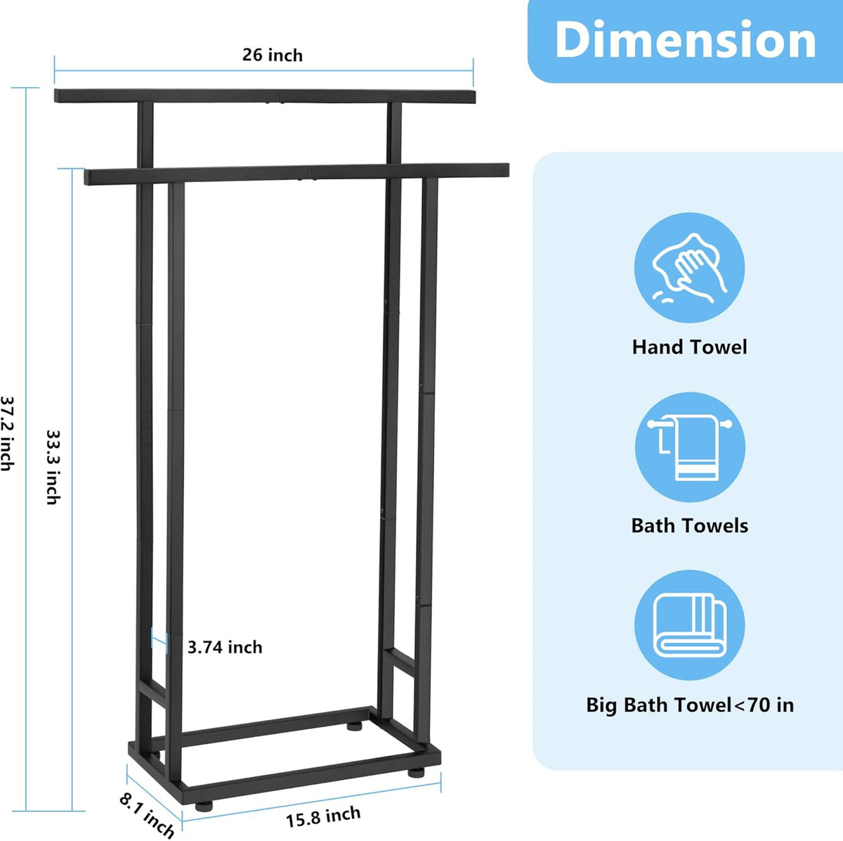 2-Tier Tall Towel Rack for Bathroom, Freestanding Towel Stand Drying Rack for Oversized Bath Towels, Poolside, Bathroom, Black, ALHAKIN