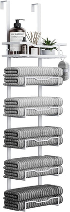 Aetyord Hanging Towel Racks for Bathroom No Drill - 6-Tier Over The Door Bath Towel Storage Organizer for Small Bathrooms - Tiered Back of Door Towel Holder Hanger for Rolled Towels RV Camper Black
