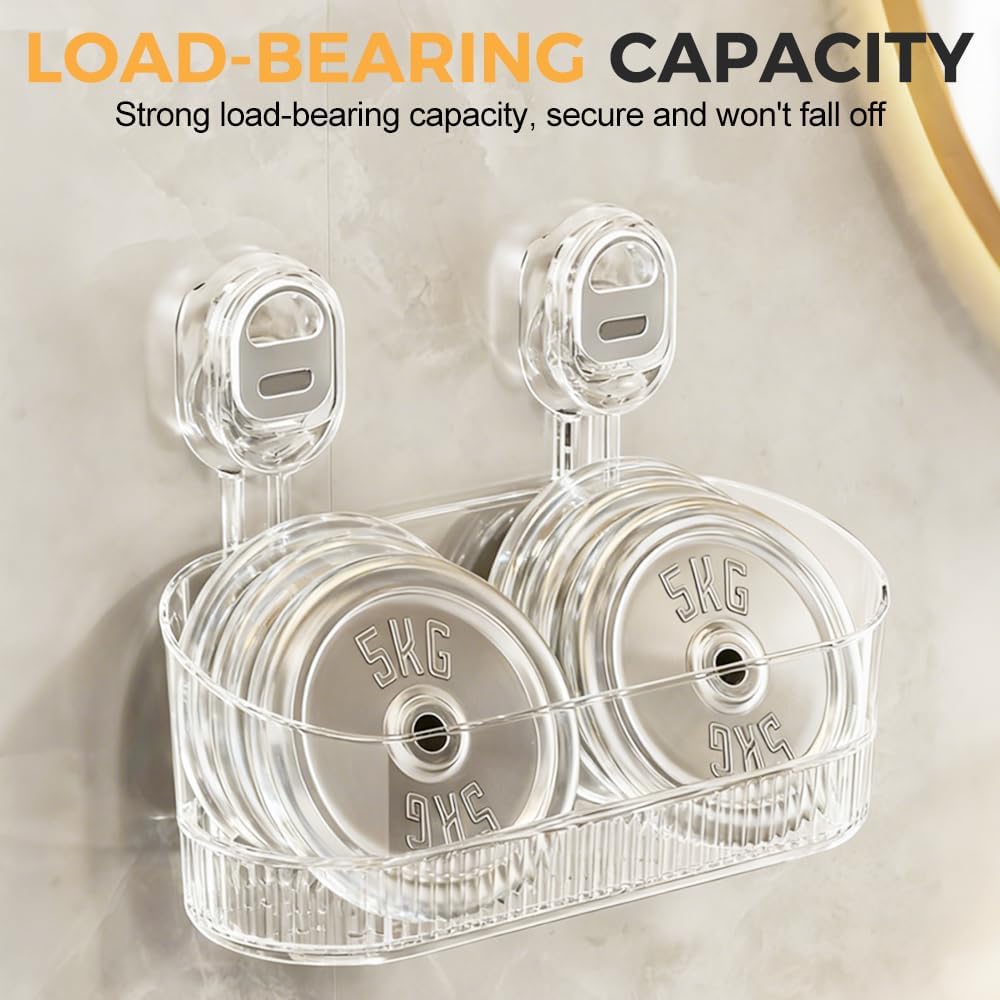 No Drill Bathroom Storage Basket, Suction Cup Shower Shelf, Wall Mounted Organizer for Bathroom Kitchen Home Storage (Transparent)