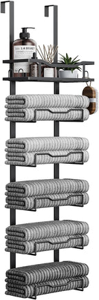 Aetyord Hanging Towel Racks for Bathroom No Drill - 6-Tier Over The Door Bath Towel Storage Organizer for Small Bathrooms - Tiered Back of Door Towel Holder Hanger for Rolled Towels RV Camper Black