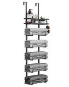 Aetyord Hanging Towel Racks for Bathroom No Drill - 6-Tier Over The Door Bath Towel Storage Organizer for Small Bathrooms - Tiered Back of Door Towel Holder Hanger for Rolled Towels RV Camper Black