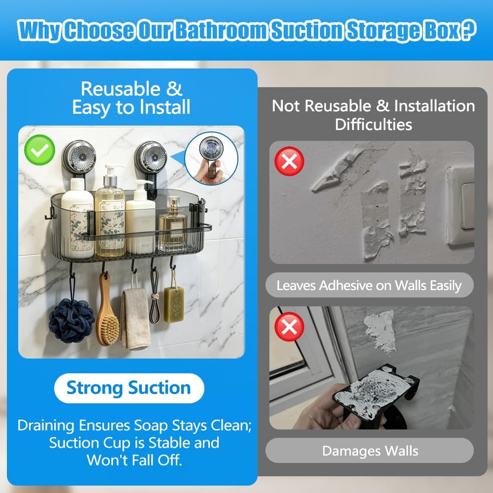 Abnaok 2026 Upgraded Bathroom Suction Storage Box, No Drill Bathroom Shelves with Drain Holes, Towel Rack, and Hooks, Load-Bearing, Removable Suction Cup Shower Caddy for Bathroom, Kitchen