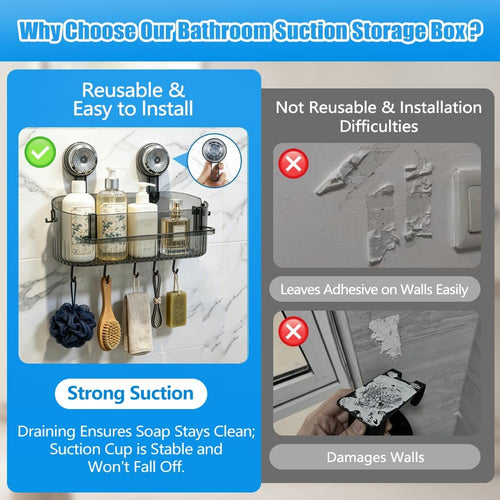 Abnaok 2026 Upgraded Bathroom Suction Storage Box, No Drill Bathroom Shelves with Drain Holes, Towel Rack, and Hooks, Load-Bearing, Removable Suction Cup Shower Caddy for Bathroom, Kitchen