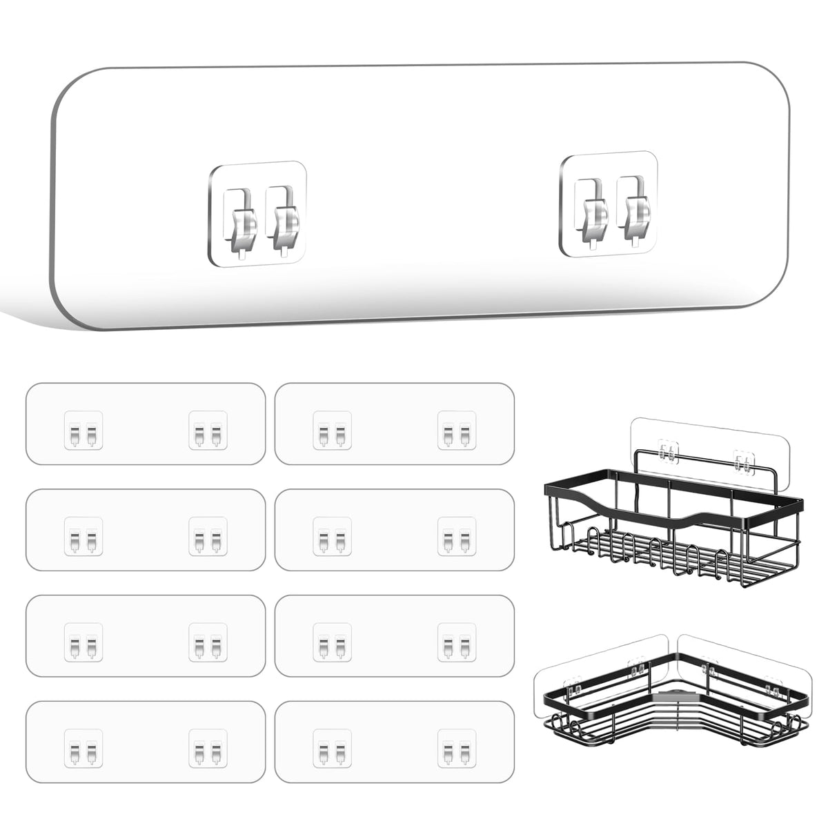 9-Pack Shower Caddy Adhesive Replacement, Transparent Adhesive Hooks Stickers, Strong Hook Strip for Shower Caddy Basket Shelf, Soap Holder, Bathroom Storage Corner Shelves, Kitchen Racks