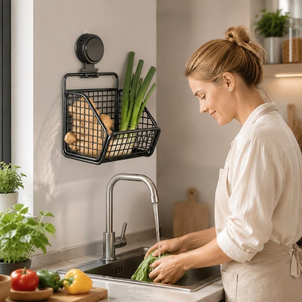 Metal Wire Hanging Storage Basket, Suction Cup Kitchen Basket (A3)