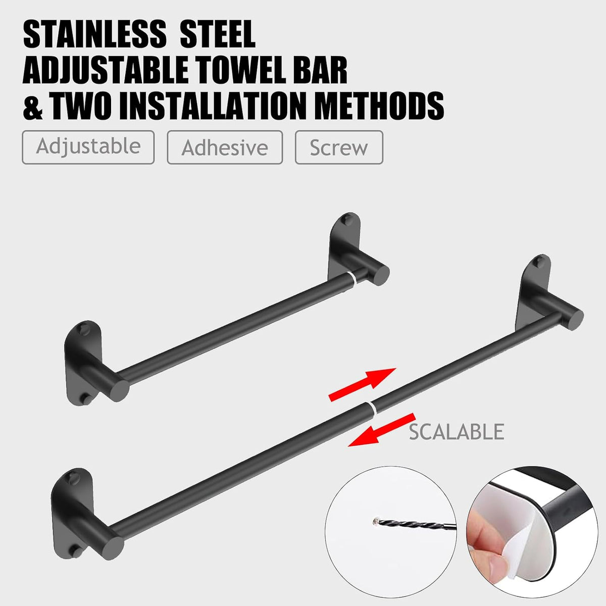Towel Bar, Adhesive or Drill Wall Mount, Matte Black, 1 Pack