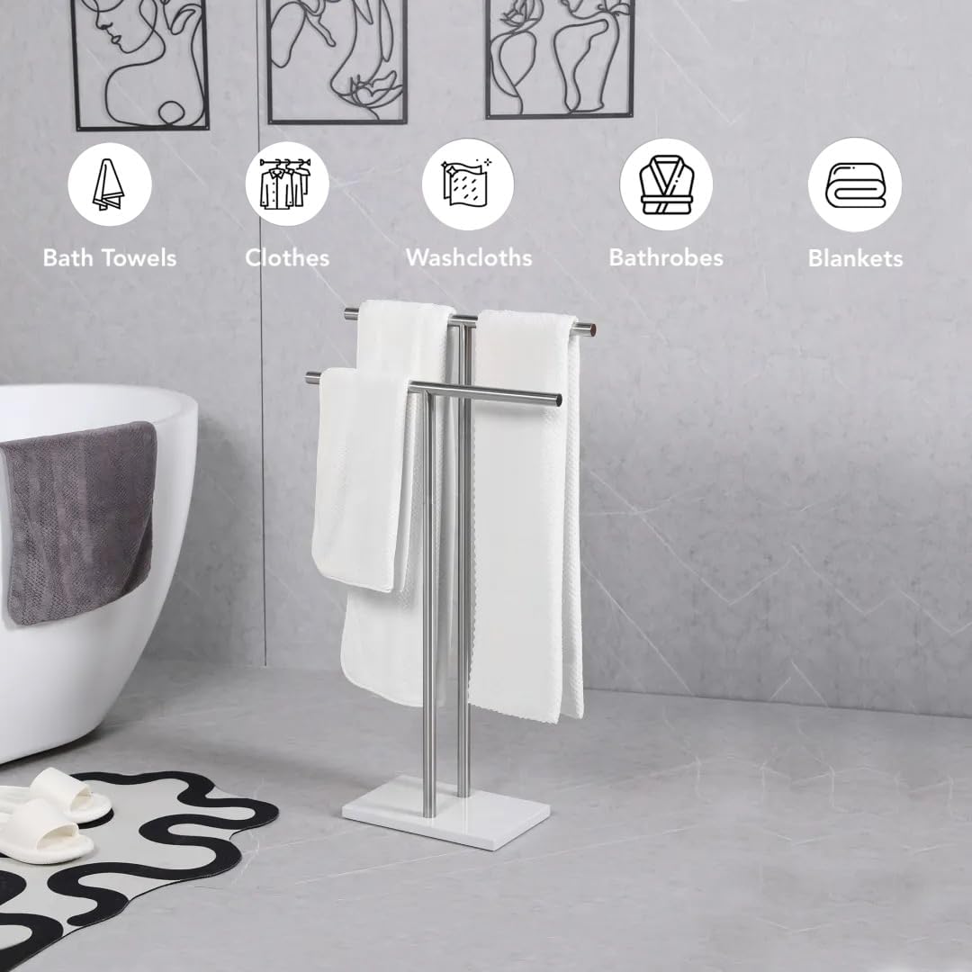 Free Standing Towel Rack - Brushed Nickel Finish with Marble Base
