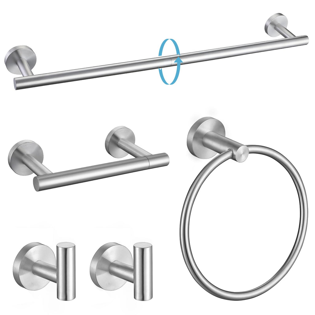 TURS Brushed Gold 5 Piece Bathroom Hardware Set, SUS304 Stainless Steel 24 Inch Bath Towel Bar Set, Round Bathroom Accessories Kit Wall Mounted