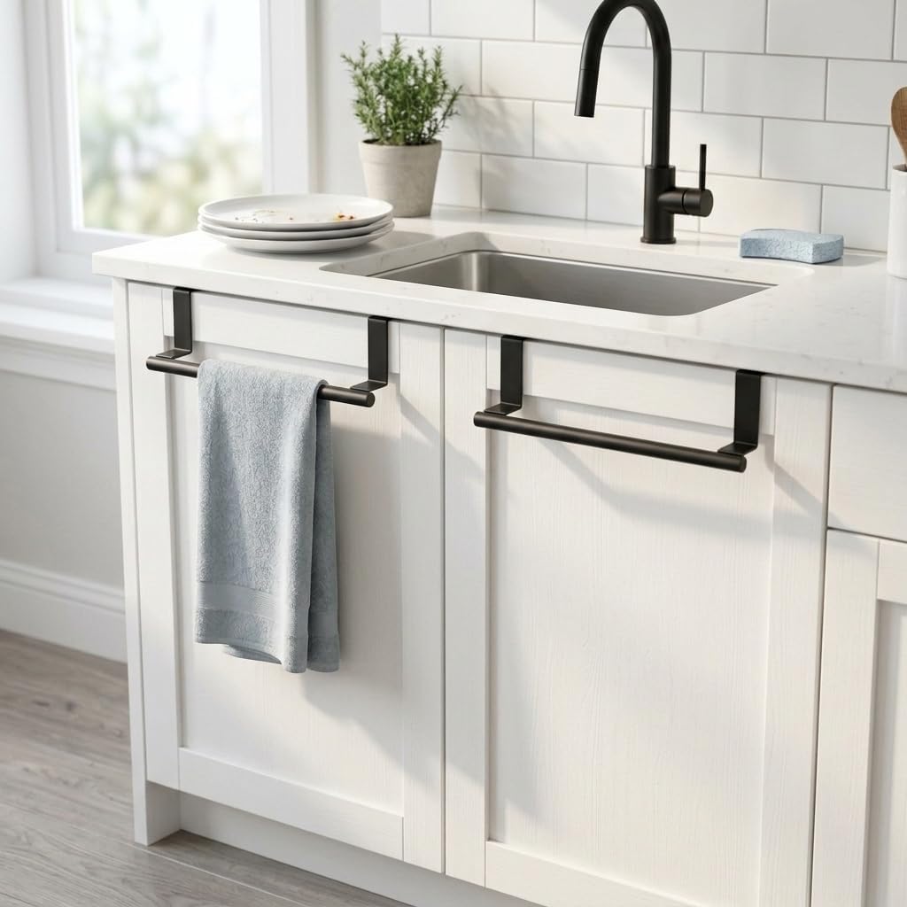 Cabinet Door Towel Bar, Kitchen Towel Holder, Matte Black 2 Pack