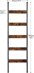 HOOBRO Blanket Ladder, 5-Tier Towel Rack with Hooks, Wall-Leaning Blanket Rack, Decorative Display Ladder Shelf, for Scarves, Industrial, Living Room, Bedroom, Rustic Brown and Black BF52CJ01