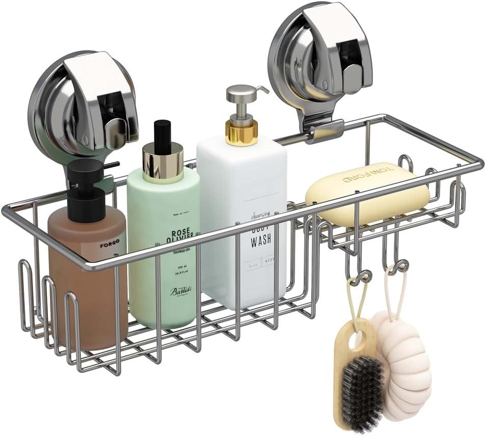 TESOT Suction Cup Shower Shelf, Shower Caddy Soap Dish with Hooks for Sponge, Rust Proof 304 Stainless Steel, Silver