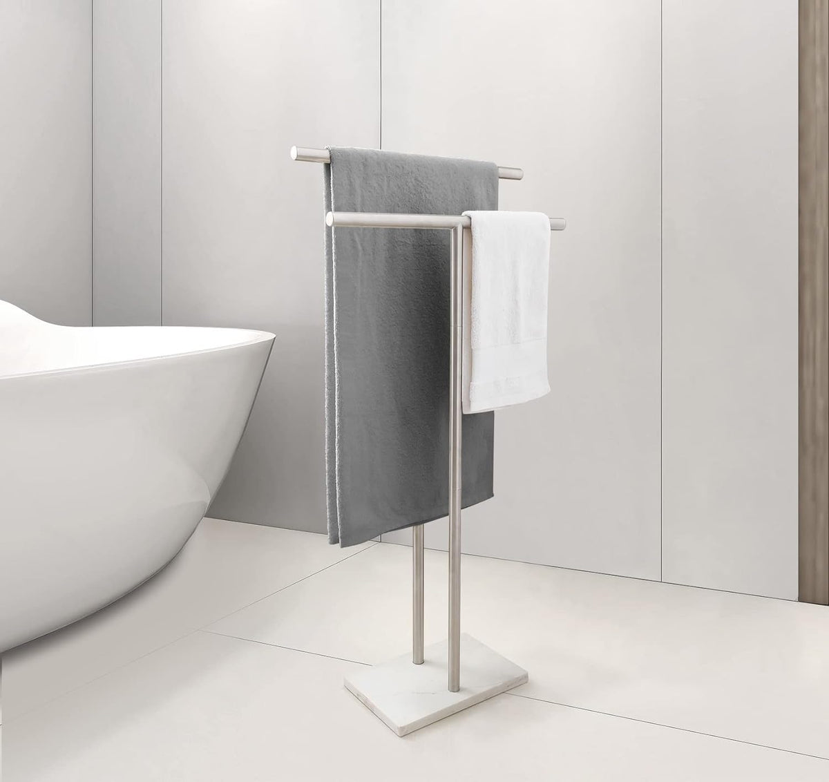 40 Inch Standing Towel Rack Double-T Shape Tall Bath Towel Sheet Holder with Marble Design Base for Bathroom Floor Next to Tub or Shower 2 Tier Towel Holder Stand Stainless Steel Brushed Nickel