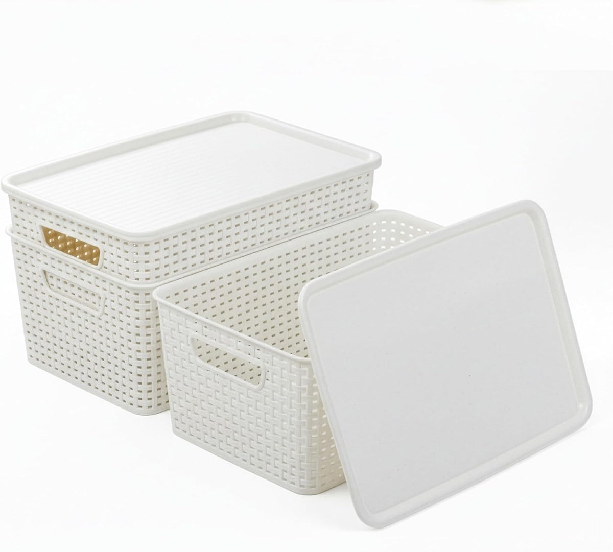 BINO | Plastic Storage Baskets with Lids, 15.5 Liter - 3 Pack, White | THE WOVEN COLLECTION | Storage Basket for Shelves Woven Storage Baskets for Organizing Bins Pantry Shelf Organizer Container Bin