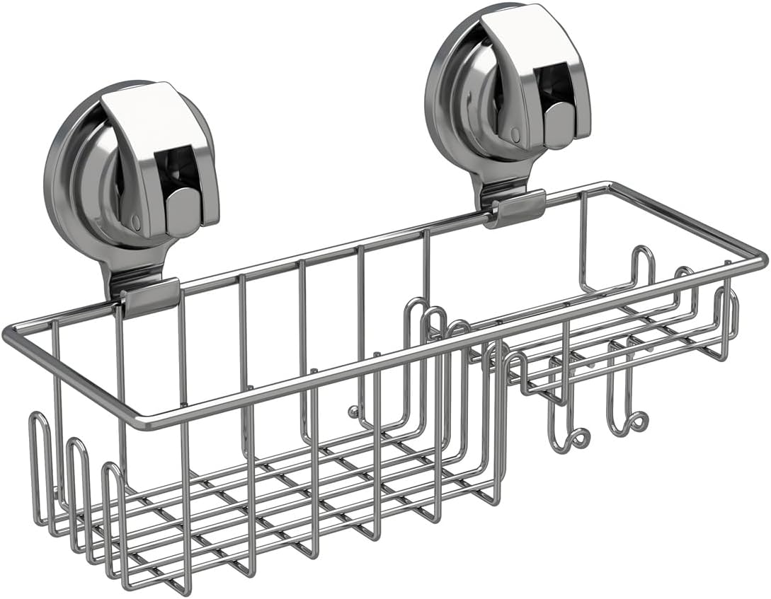 TESOT Suction Cup Shower Shelf, Shower Caddy Soap Dish with Hooks for Sponge, Rust Proof 304 Stainless Steel, Silver