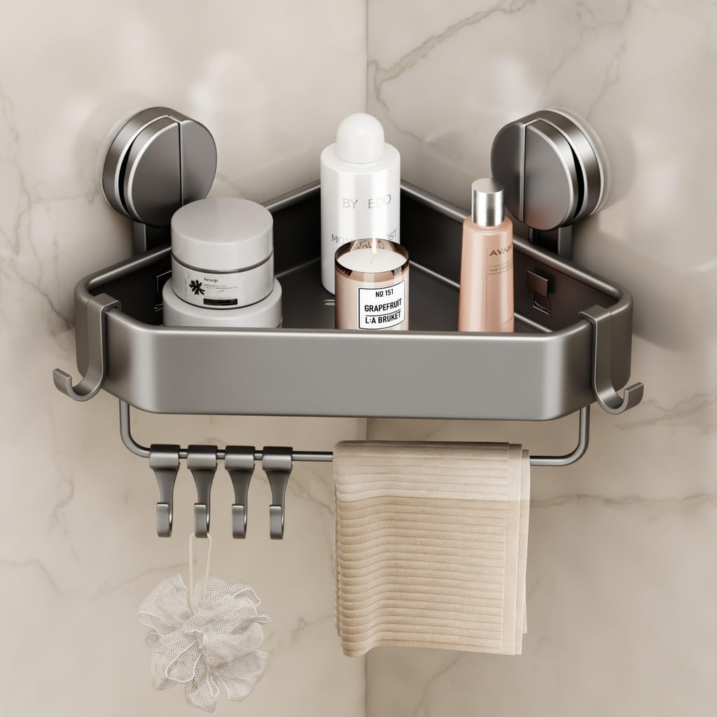 Mustorn Suction Cup Shower Caddy Corner, 1 Pack Suction Corner Shower Shelves No Drilling, Rustproof Shower Organizer Suction Cup with Towel Holder & Hooks Removable Bathroom Storage Rack(Gray)
