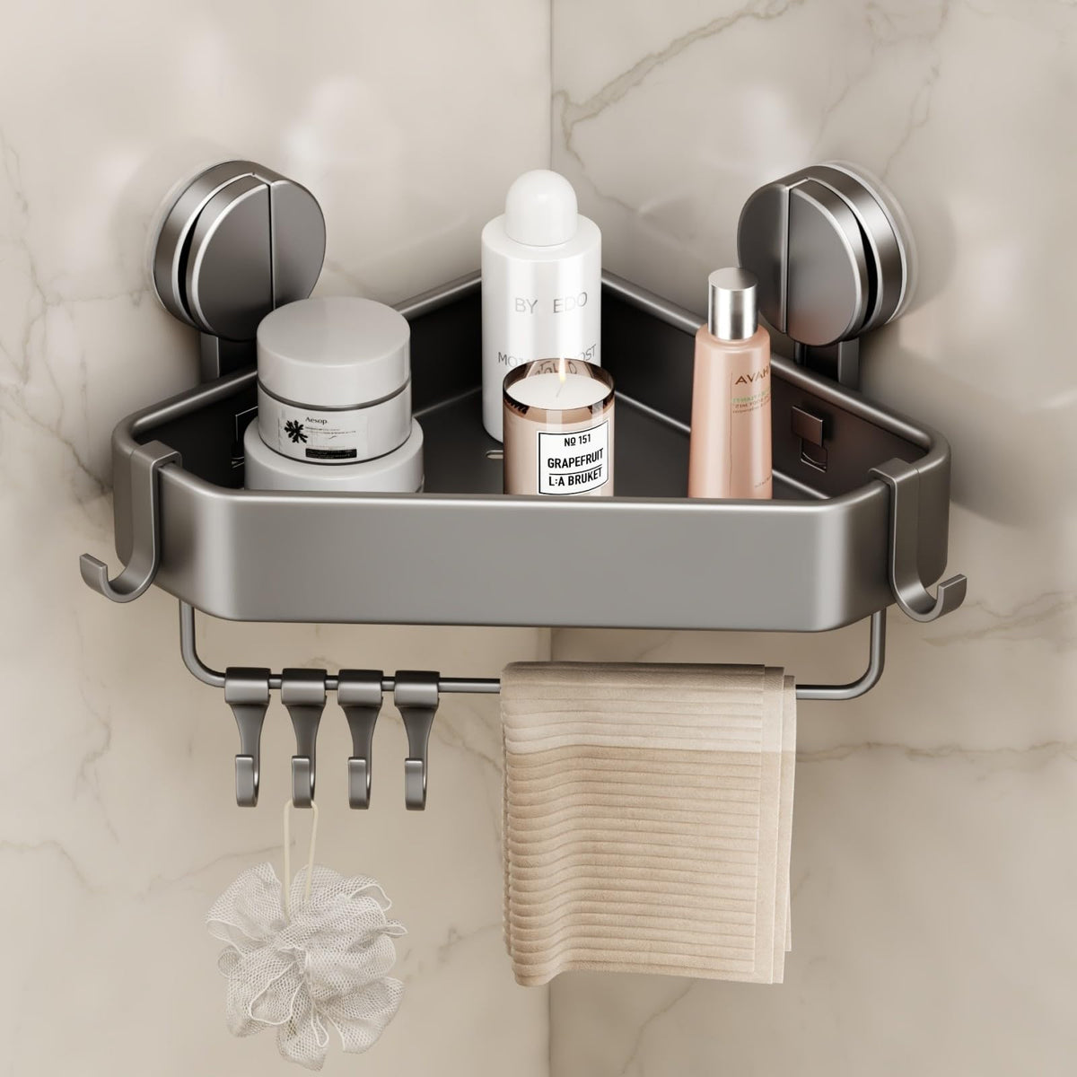 Mustorn Suction Cup Shower Caddy Corner, 1 Pack Suction Corner Shower Shelves No Drilling, Rustproof Shower Organizer Suction Cup with Towel Holder & Hooks Removable Bathroom Storage Rack(Gray)