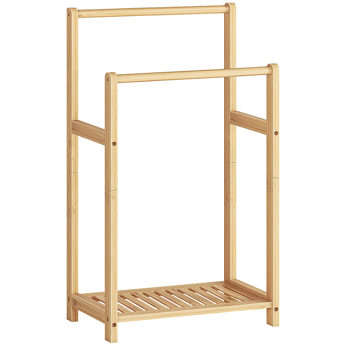 HOOBRO Freestanding Towel Rack for Bathroom, 2 Tier Decorative Bamboo Blanket Rack, Quilt Display Stand with Storage Shelf, 16.5" L x 9.4" W x 30.5" H, Bedroom, Living Room, Natural Color YL02LB01