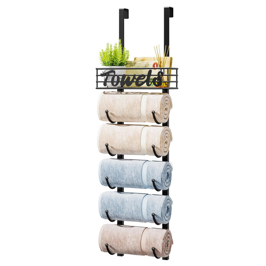 HapiRm Towel Racks for Bathroom Storage - 6 Tier Over The Door & Wall Mount Rolled Towel Storage Organizer Holder with Metal Shelf Basket for Small Bathroom, Camper, Rv - Black, Patented