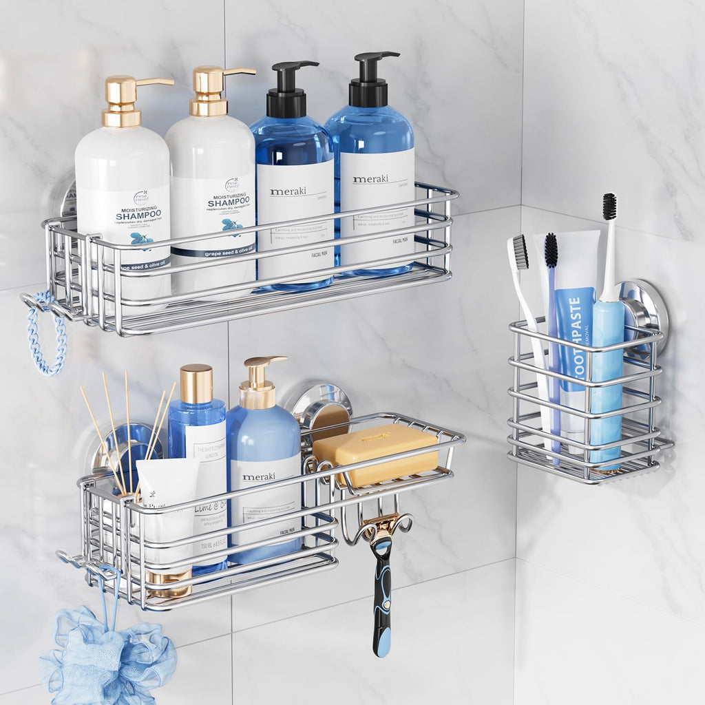 TAILI Shower Caddy Suction Cup 2 Pack with Hooks and Soap Holder, Silver