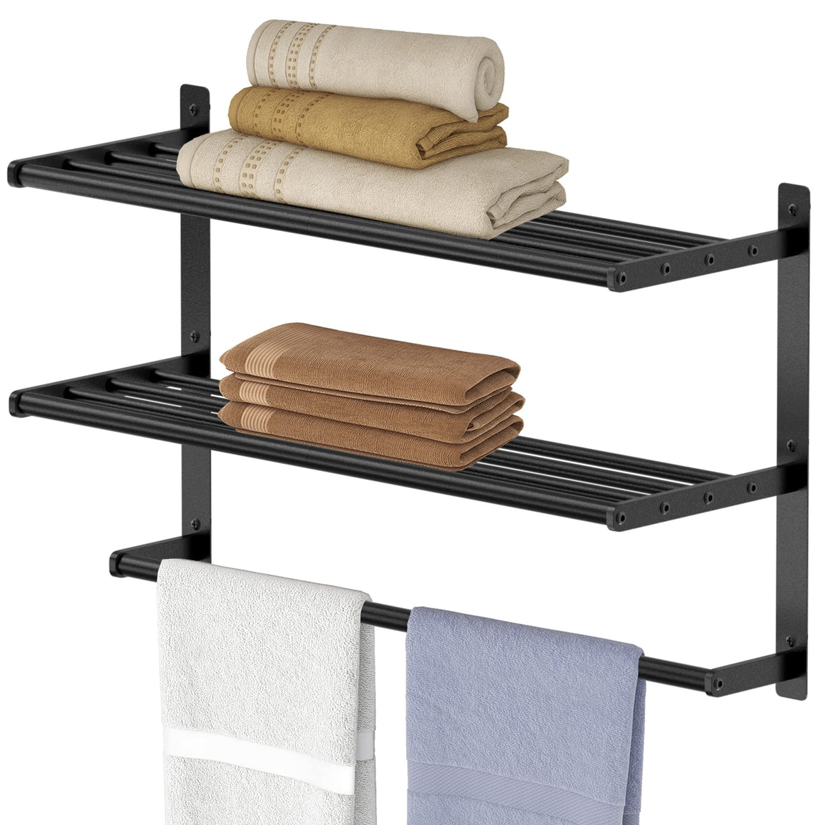 Bethom Bathroom Towel Rack with Bars, 24 Inch Towel Shelf, Brushed Nickel