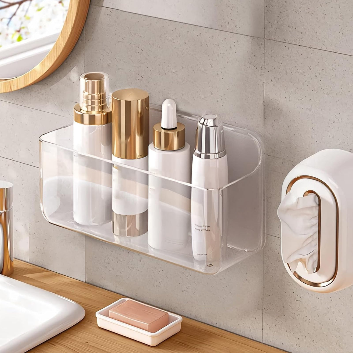 Diesisa Acrylic Wall Mounted Shower Caddy, Large, Adhesive Bathroom Shelves