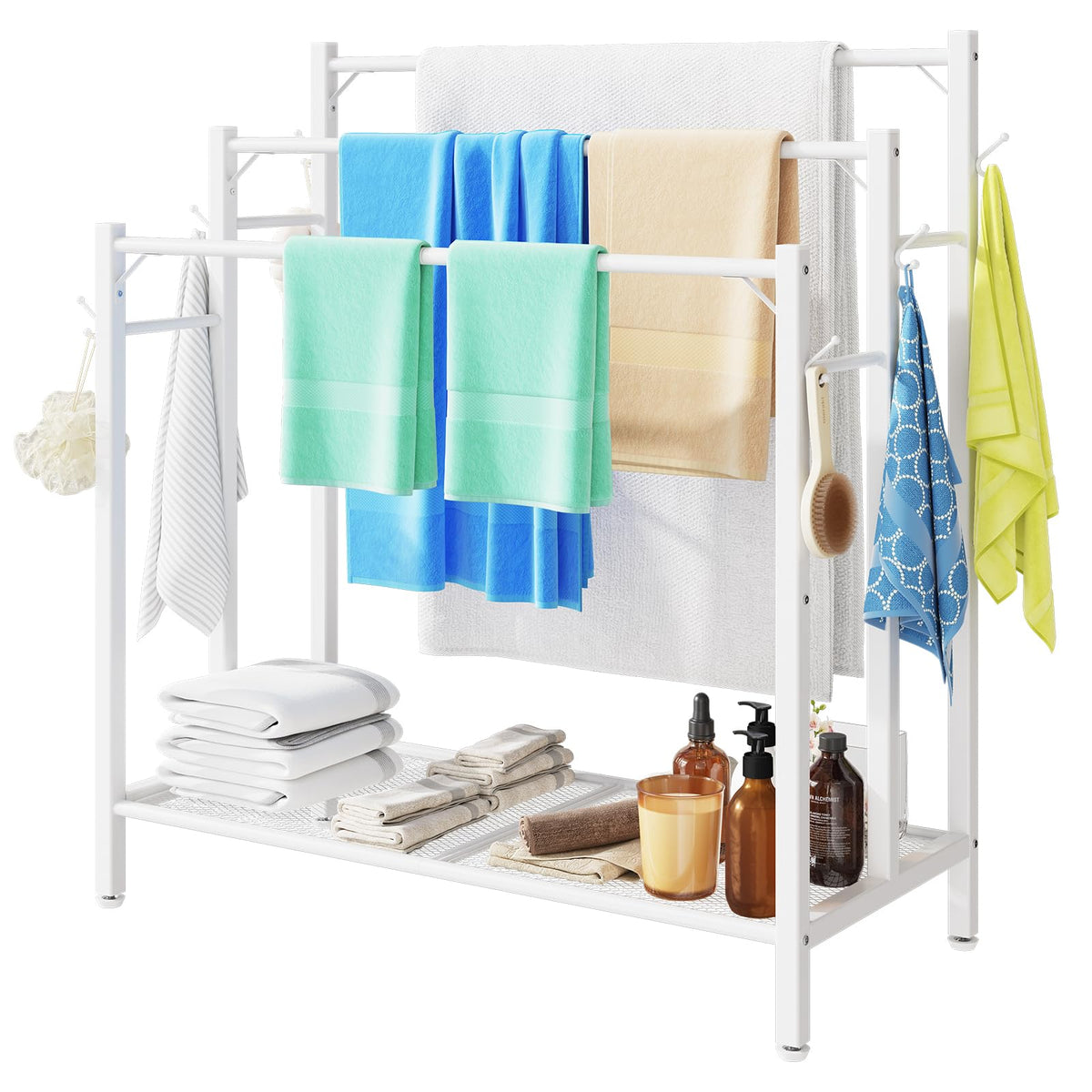 HavenlyYouth 3 Tier Towel Rack with Large Storage & 6 Hooks, Blanket Rack for Oversized Bath Towels, Free Standing Pool Towel Rack Stand for Bathroom Pool Indoor/Outdoor, 35.8" H x 31.5" L x 11.8" W
