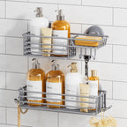 TAILI Shower Caddy Suction Cup 2 Pack with Hooks and Soap Holder, Silver