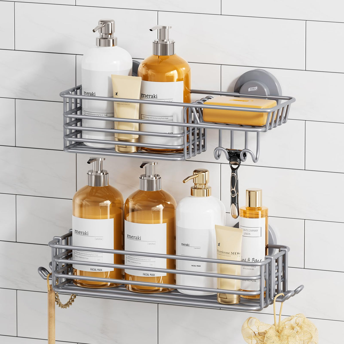TAILI Shower Caddy Suction Cup 2 Pack with Hooks and Soap Holder, Silver