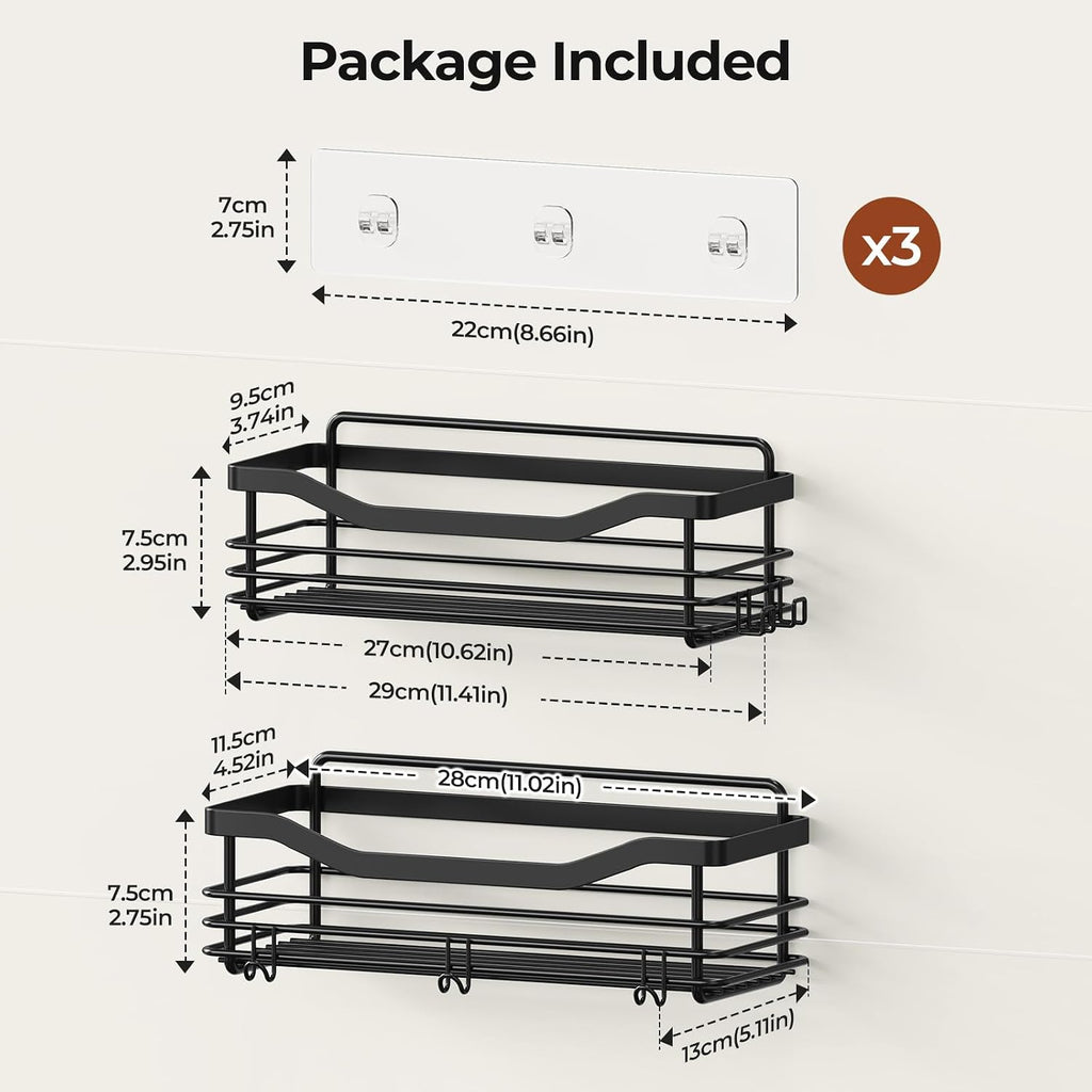 Orimade Shower Caddy Basket Shelf Storage Rack, No Drilling Wall Mounted Adhesive Rust Resistant Stainless Steel Shower Organizer with 5 Hooks for Bathroom, Black 2 Pack