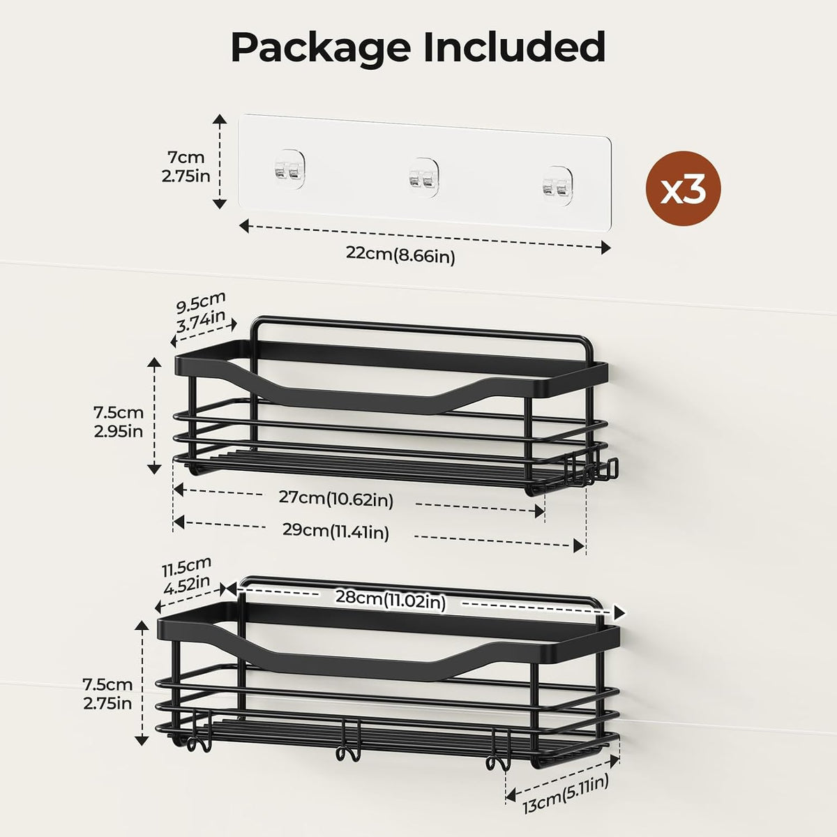 Orimade Shower Caddy Basket Shelf Storage Rack, No Drilling Wall Mounted Adhesive Rust Resistant Stainless Steel Shower Organizer with 5 Hooks for Bathroom, Black 2 Pack