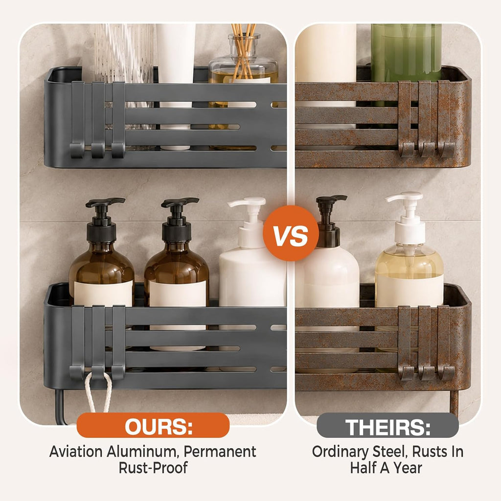 Lekesky Suction Cup Shower Caddy, No Drill Shower Shelf, Aluminum Rust Proof Bathroom Shower Organizer with 12 Hooks (2-Pack, Gunmetal Gray)