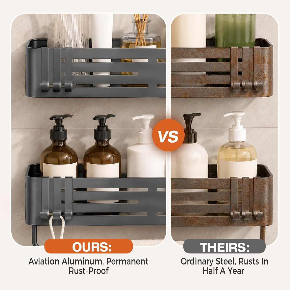 Lekesky Suction Cup Shower Caddy, No Drill Shower Shelf, Aluminum Rust Proof Bathroom Shower Organizer with 12 Hooks (2-Pack, Gunmetal Gray)