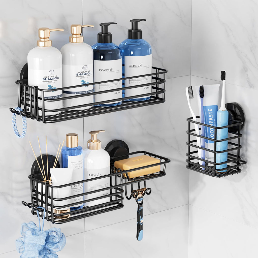 TAILI Shower Caddy Suction Cup 2 Pack with Hooks and Soap Holder, Silver