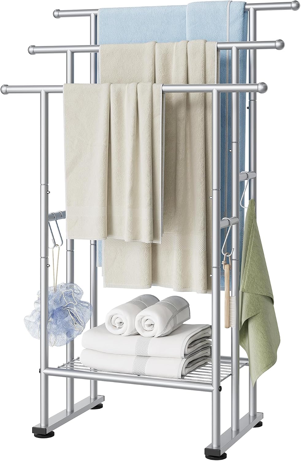 ELYKEN 3 Tier Freestanding Towel Rack with Shelf, 40" H Towel Stand, Silver