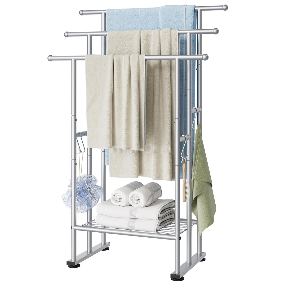 ELYKEN 3 Tier Freestanding Towel Rack with Shelf, 40" H Towel Stand, Black