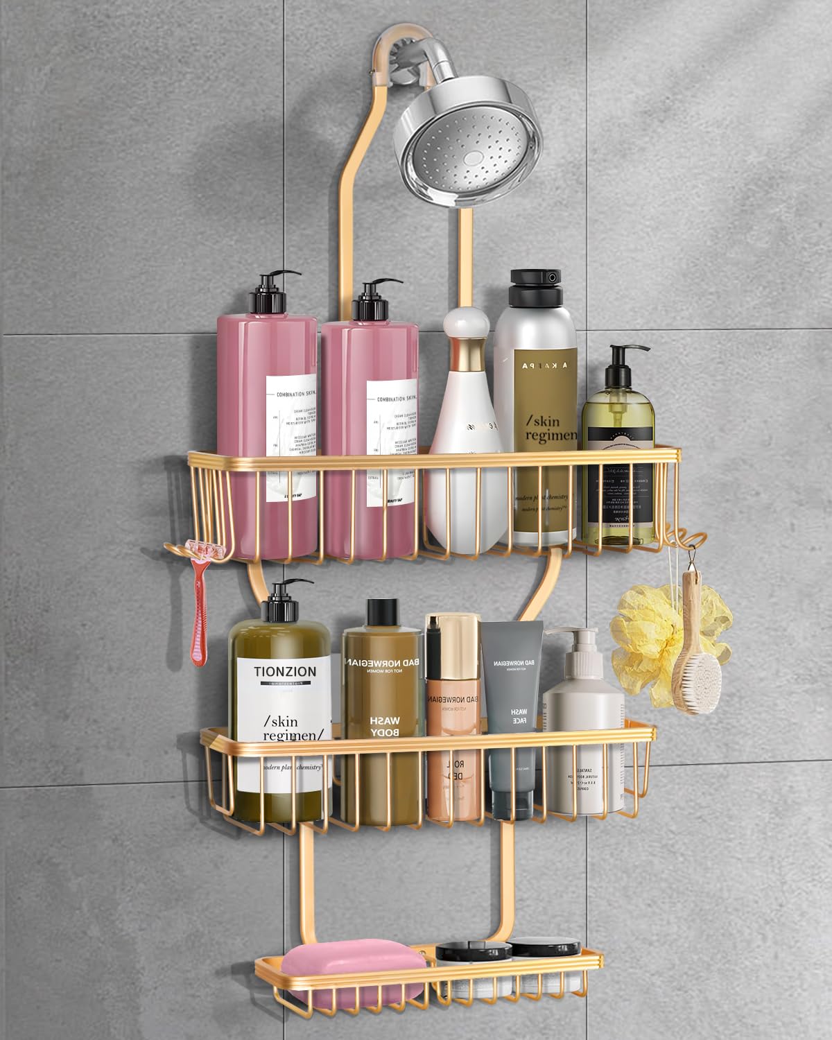 Shower Caddy Hanging - Never Rust Shower Hanging Organizer - Aluminum Over the ShowerHead Caddy with Soap Basket and 6 Hooks for Razor/Sponge (Black)