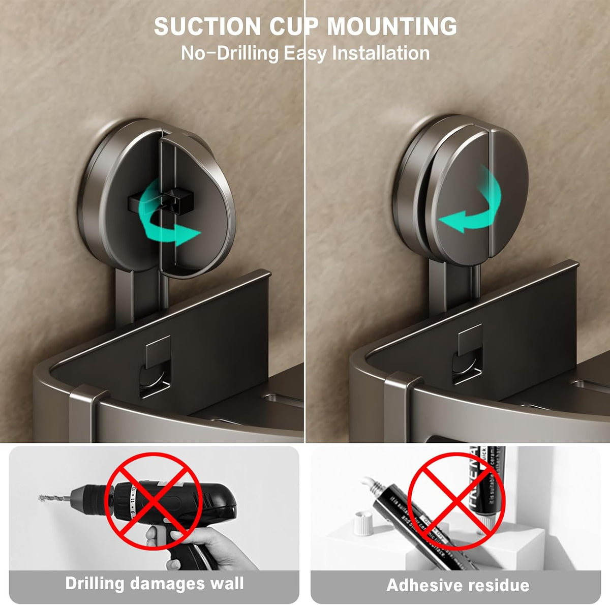 VOLPONE Corner Shower Caddy Suction Cup, 2 Pack Shower Shelves No Drilling, Showers Organizer Storage with Towel Bar & Removable Hooks, Bathroom Shower Shelf Rack for Inside Showers