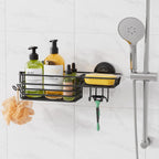 LEVERLOC Shower Caddy Suction Cup, 2 Pack Shower Shelves for Inside Shower with Hooks & Soap Holder, NO-Drilling Bathroom Shower Organizer, Rustproof Meatl Shower Holder Storage, Black