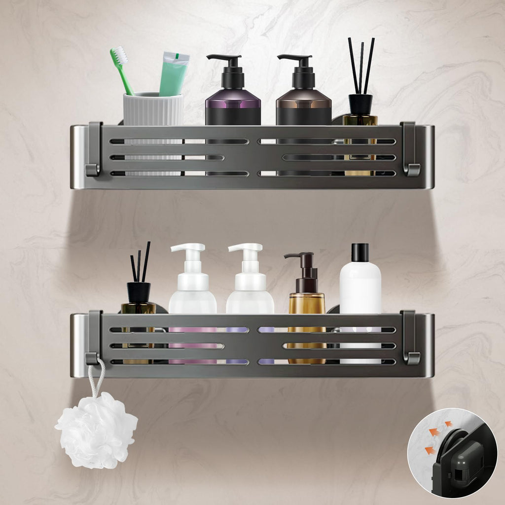 Lekesky Suction Cup Shower Caddy, No Drill Shower Shelf, Aluminum Rust Proof Bathroom Shower Organizer with 12 Hooks (2-Pack, Gunmetal Gray)