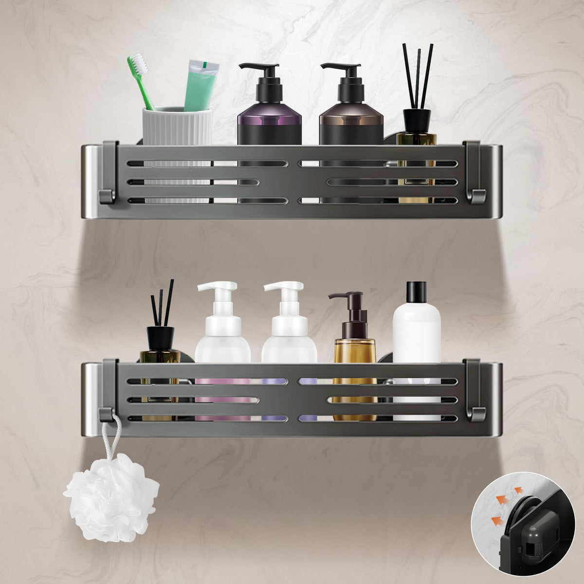 Lekesky Suction Cup Shower Caddy, No Drill Shower Shelf, Aluminum Rust Proof Bathroom Shower Organizer with 12 Hooks (2-Pack, Gunmetal Gray)