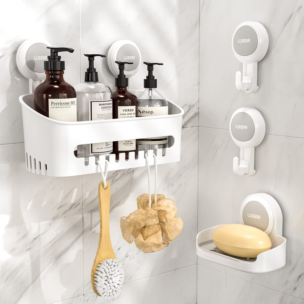 LUXEAR Shower Caddy Suction Cup, No Drilling Strong Hold Shower Organizer with Hooks & Soap Dish Fast Draining Removable Reusable Bathroom Storage Shelf Friendly for Bathroom/Kitchen/RV 22LBS Capacity