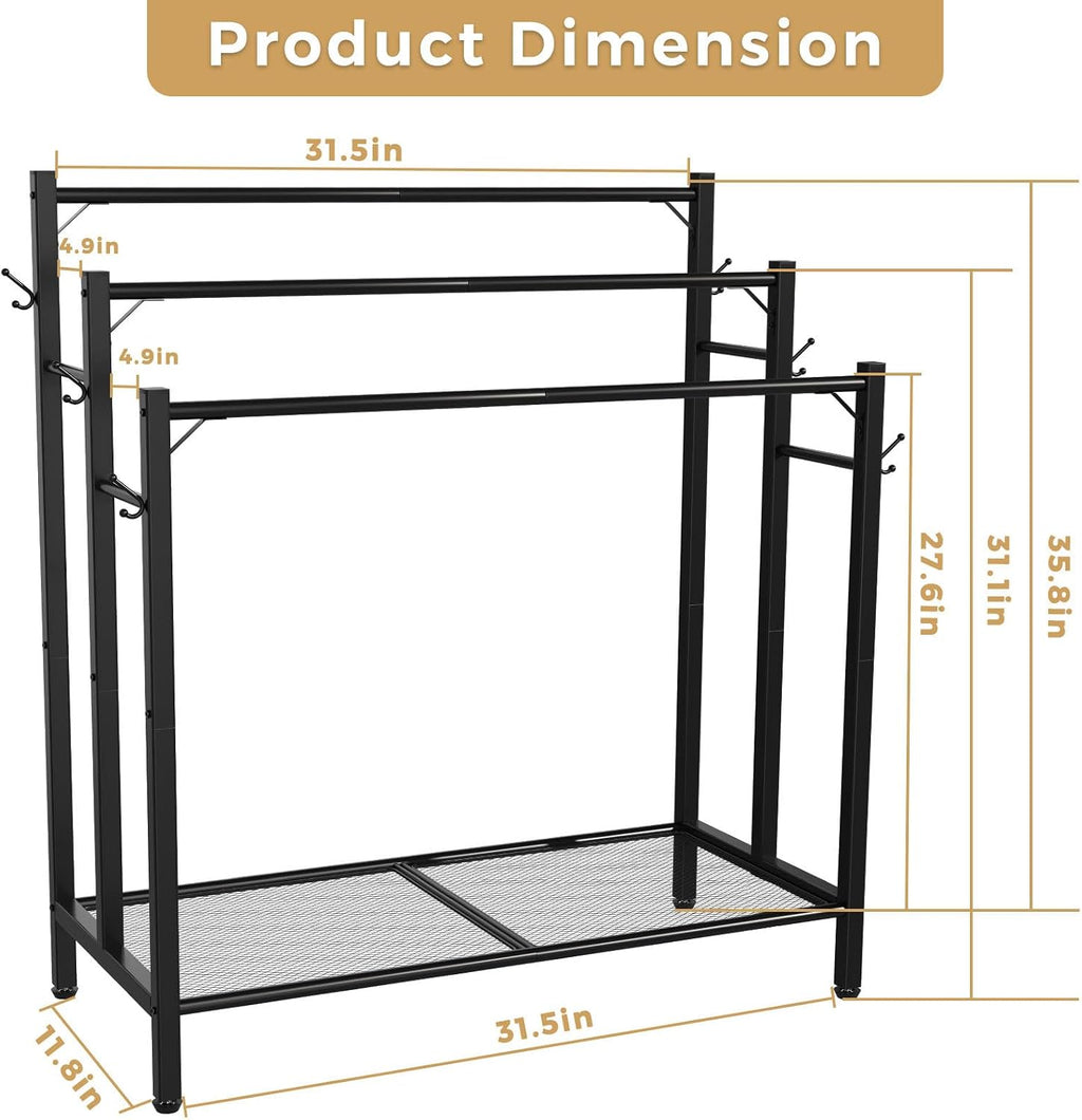 HavenlyYouth 3 Tier Towel Rack with Large Storage & 6 Hooks, Blanket Rack for Oversized Bath Towels, Free Standing Pool Towel Rack Stand for Bathroom Pool Indoor/Outdoor, 35.8" H x 31.5" L x 11.8" W