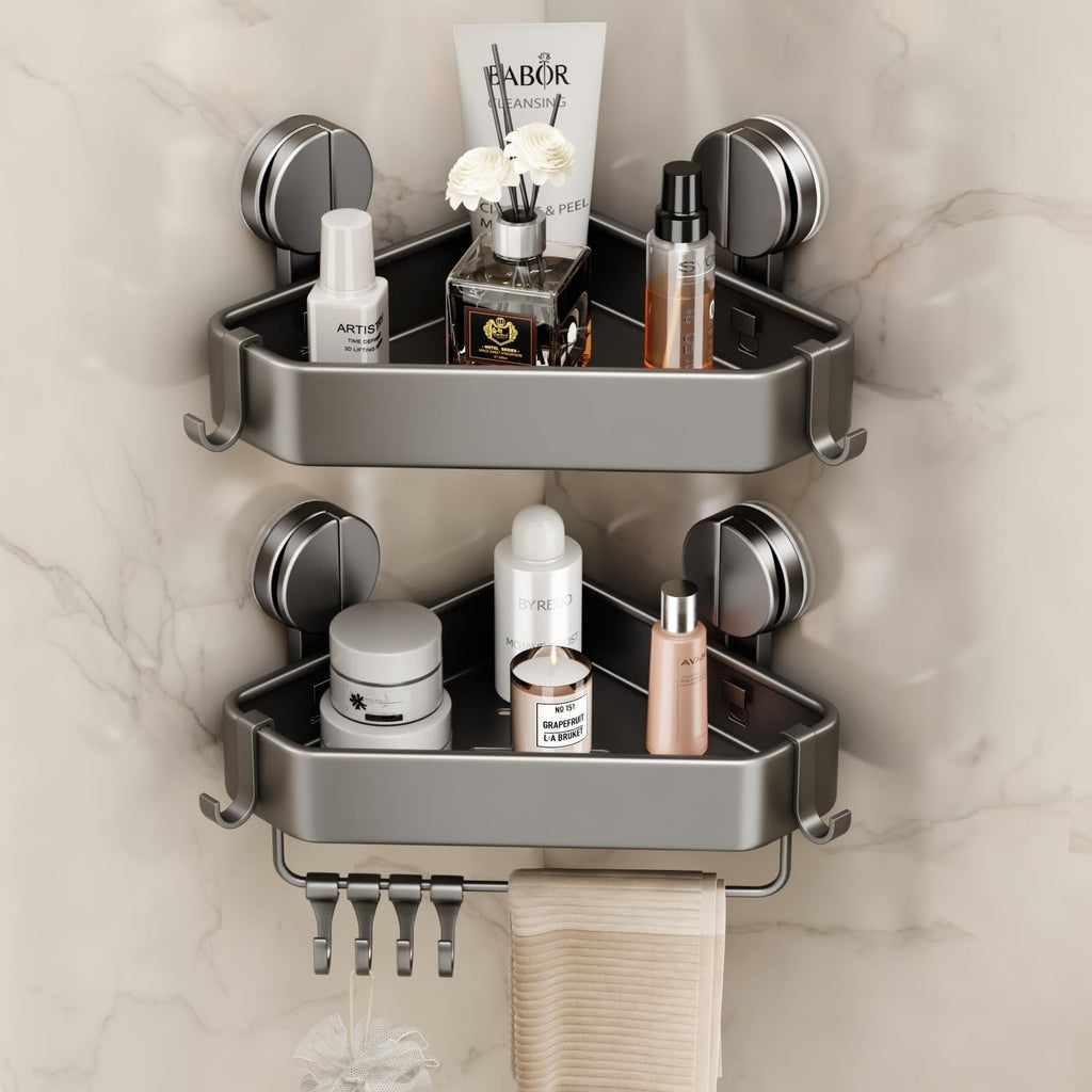 Mustorn Suction Cup Shower Caddy Corner, 1 Pack Suction Corner Shower Shelves No Drilling, Rustproof Shower Organizer Suction Cup with Towel Holder & Hooks Removable Bathroom Storage Rack(Gray)