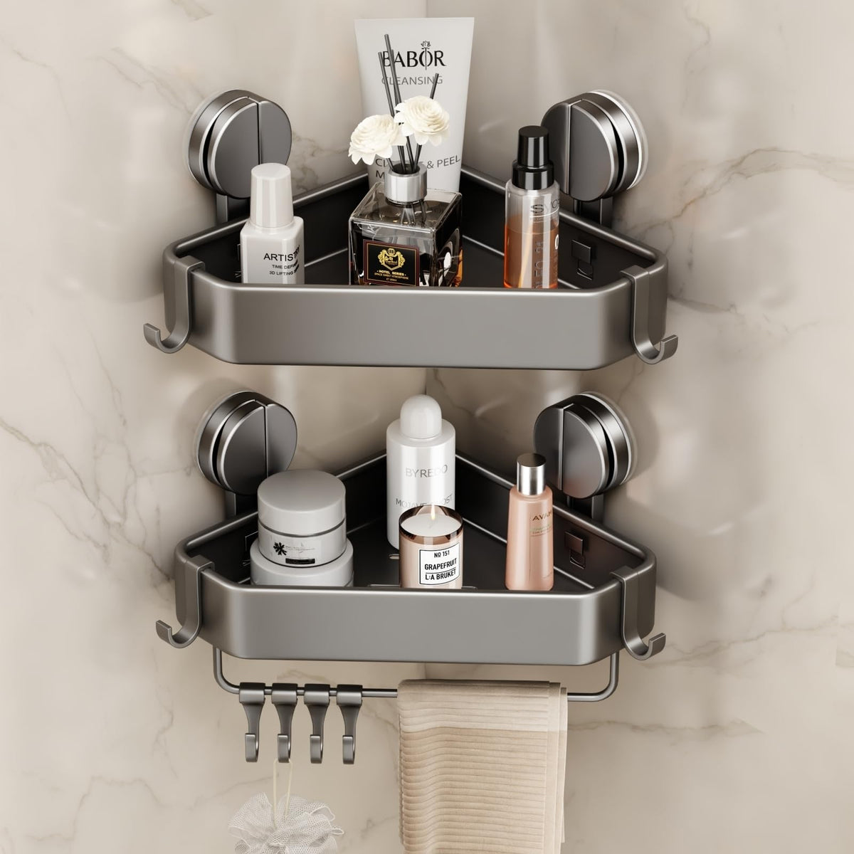 Mustorn Suction Cup Shower Caddy Corner, 1 Pack Suction Corner Shower Shelves No Drilling, Rustproof Shower Organizer Suction Cup with Towel Holder & Hooks Removable Bathroom Storage Rack(Gray)
