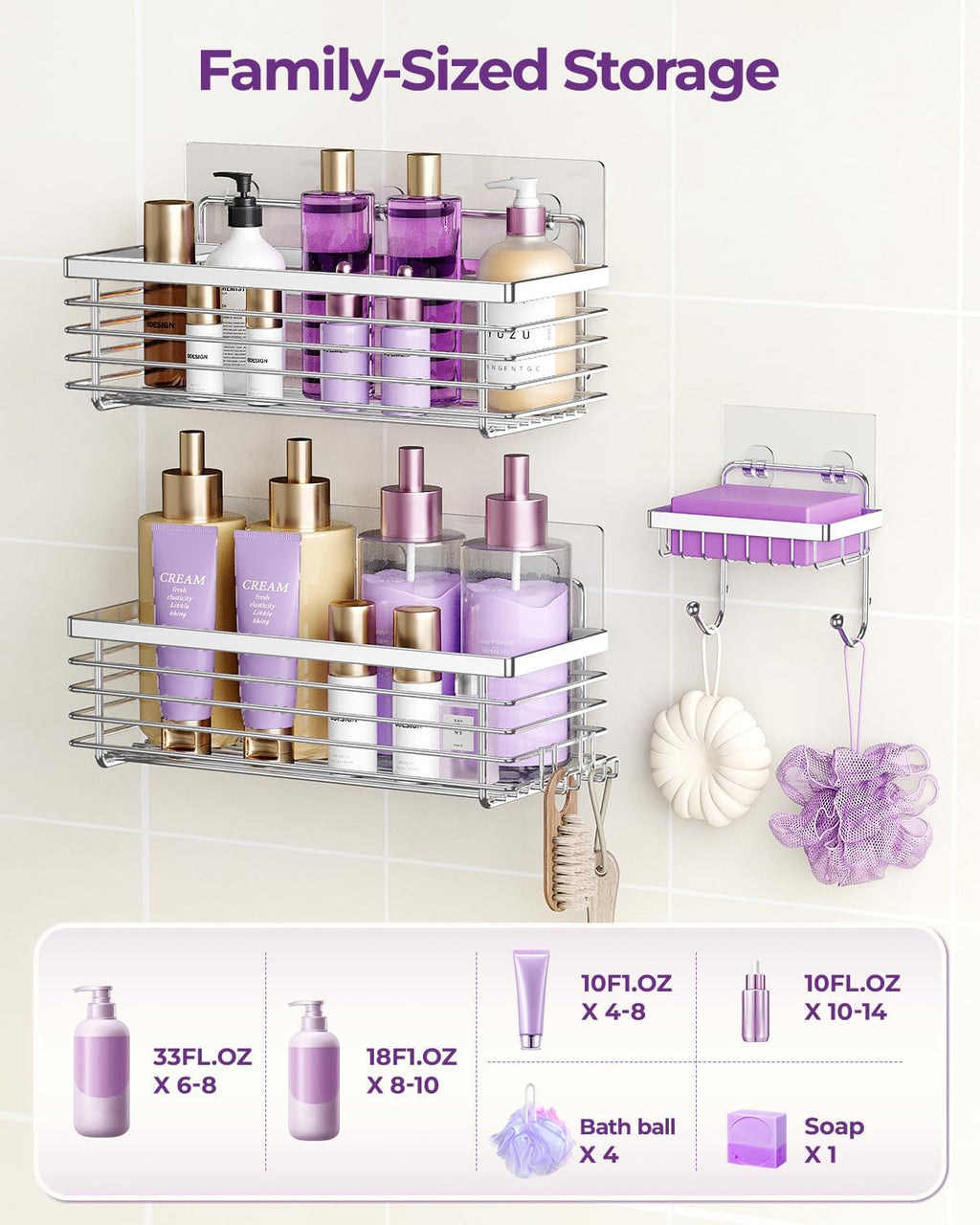 Shower Caddy Adhesive 3 Pack Stainless Steel Storage Organizers-Silver