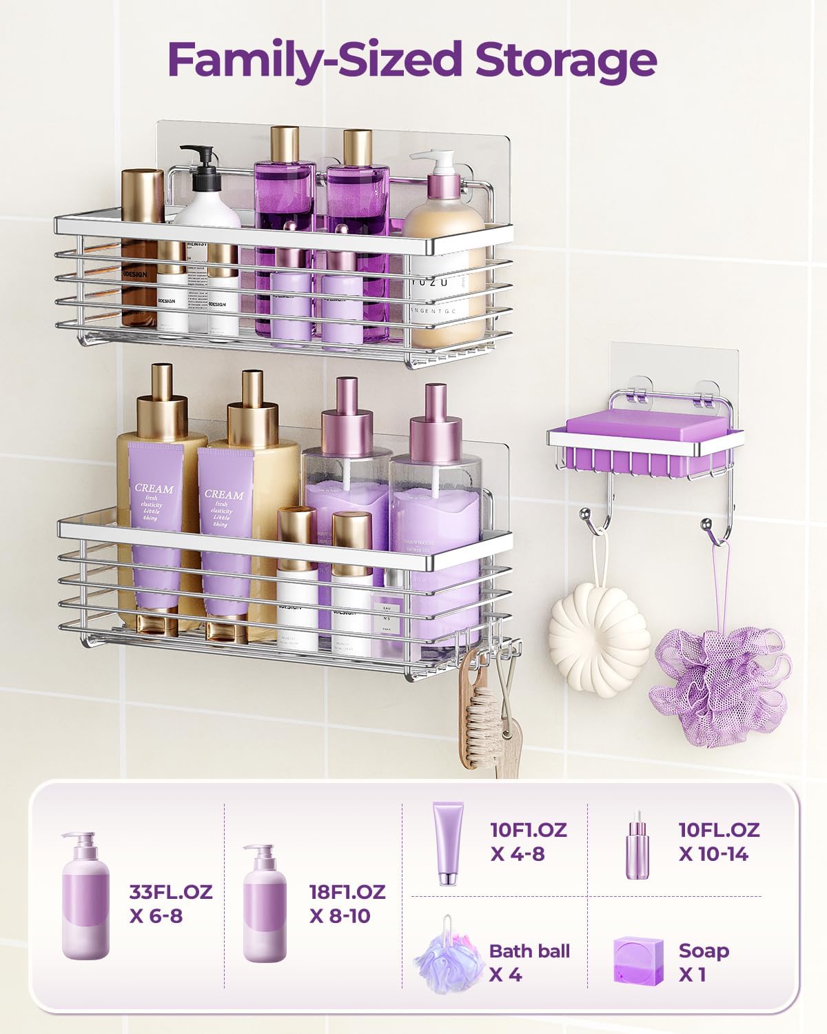 Shower Caddy Adhesive 3 Pack Stainless Steel Storage Organizers-Silver