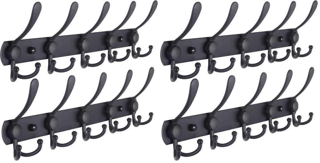 Dseap Coat Rack Wall Mounted - 5 Tri Hooks, Heavy Duty, Stainless Steel, Metal Coat Hook Rail for Coat Hat Towel Purse Robes Mudroom Bathroom Entryway (Black, 2 Packs)
