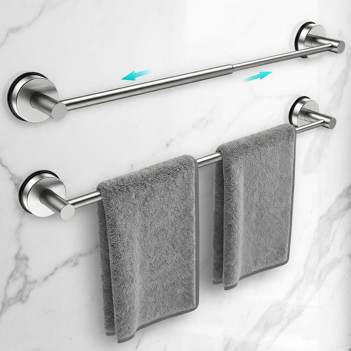 Adjustable Suction Cup Towel Bar for Bathroom Wall,14.6Inch~24 Inch Towel Racks for Bathroom,Stainless Steel Bath Towel Holder for Shower(Matte Black)
